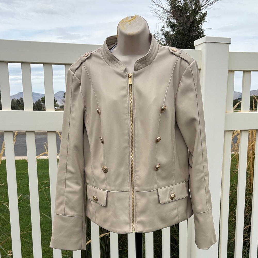 Calvin Klein Size L Zip Front Button Detail Faux Leather Jacket